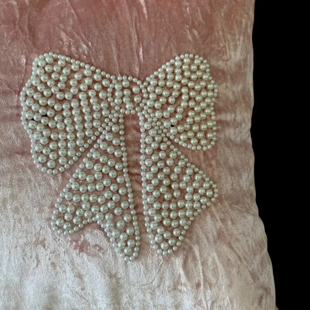 Magaschoni Beaded Faux Pearl Bows on Pink Velvet Decorative Pillow 14x20 New